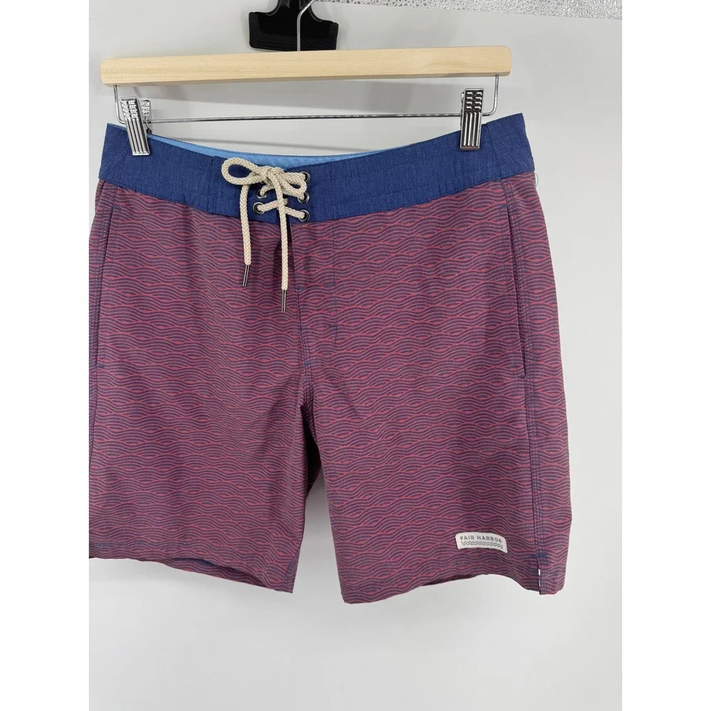 Fair Harbor Mens Red Navy Wave Print Board Shorts Swim Trunks Size 30